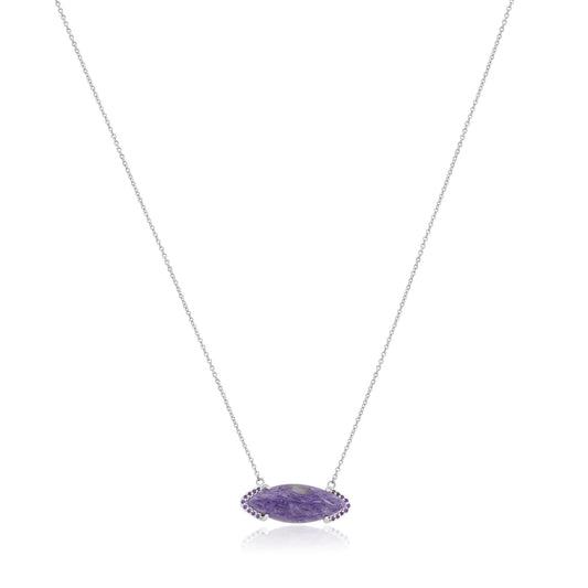 Gemistry Women & Girls Sterling Silver Bold Marquise Charoite Bar Pendant Necklace | Birthstone Jewelry Gift for Her Birthday | Wedding | Anniversary