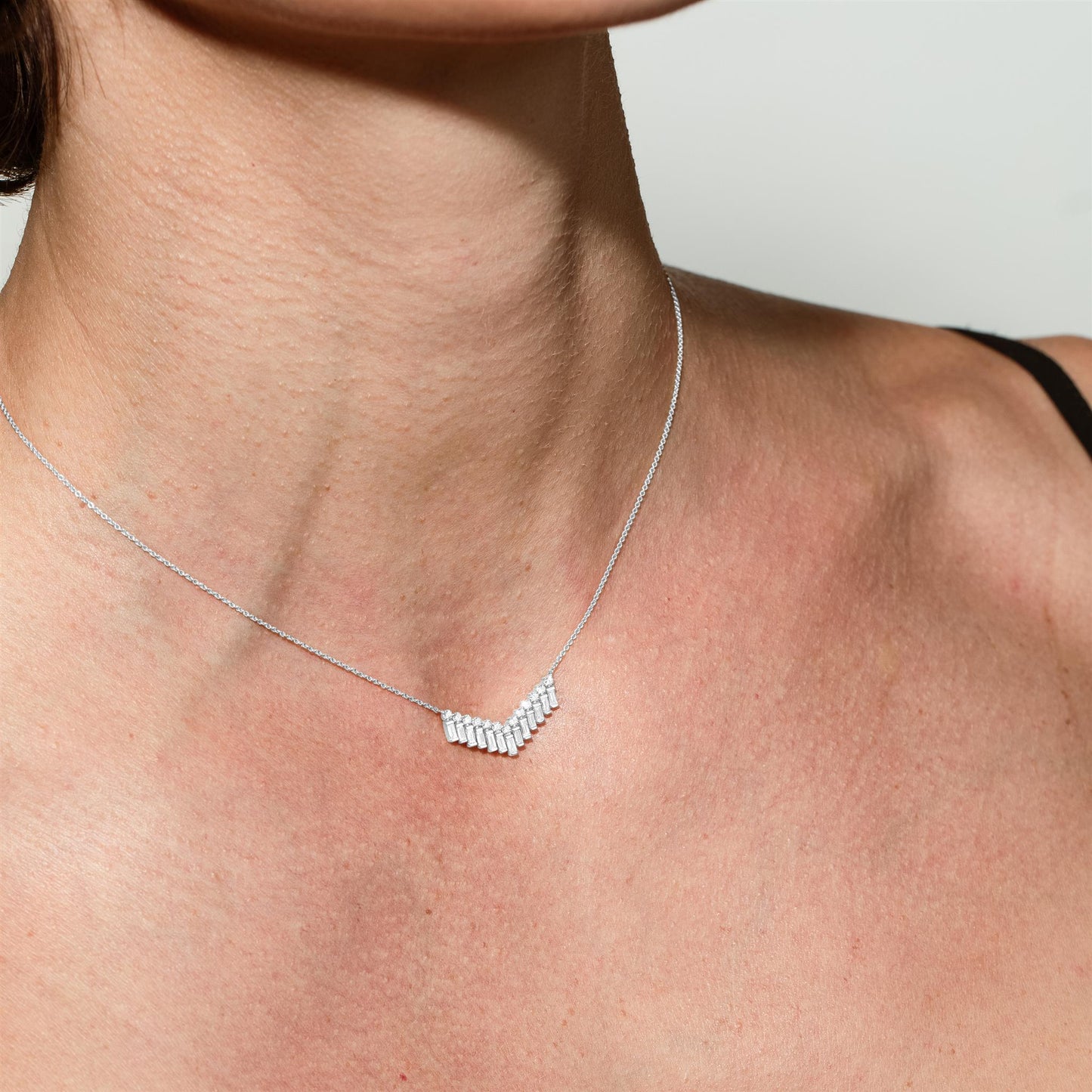 Gemistry Womens or Girls 14K White Gold Baguette White Diamond Multi Strand Necklace with 15 Inch Chain. April Birthstone Month, Gift For Her.