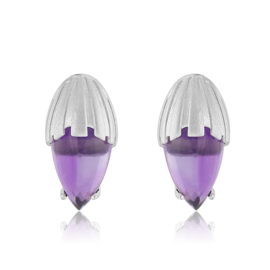 Sterling Silver Pear Amethyst Gemstone Ribbed Stud Earrings