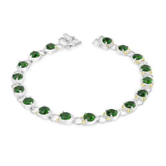 Sterling Silver Round Shaped Chrome-Diopside Leaf Accent Line Bracelet