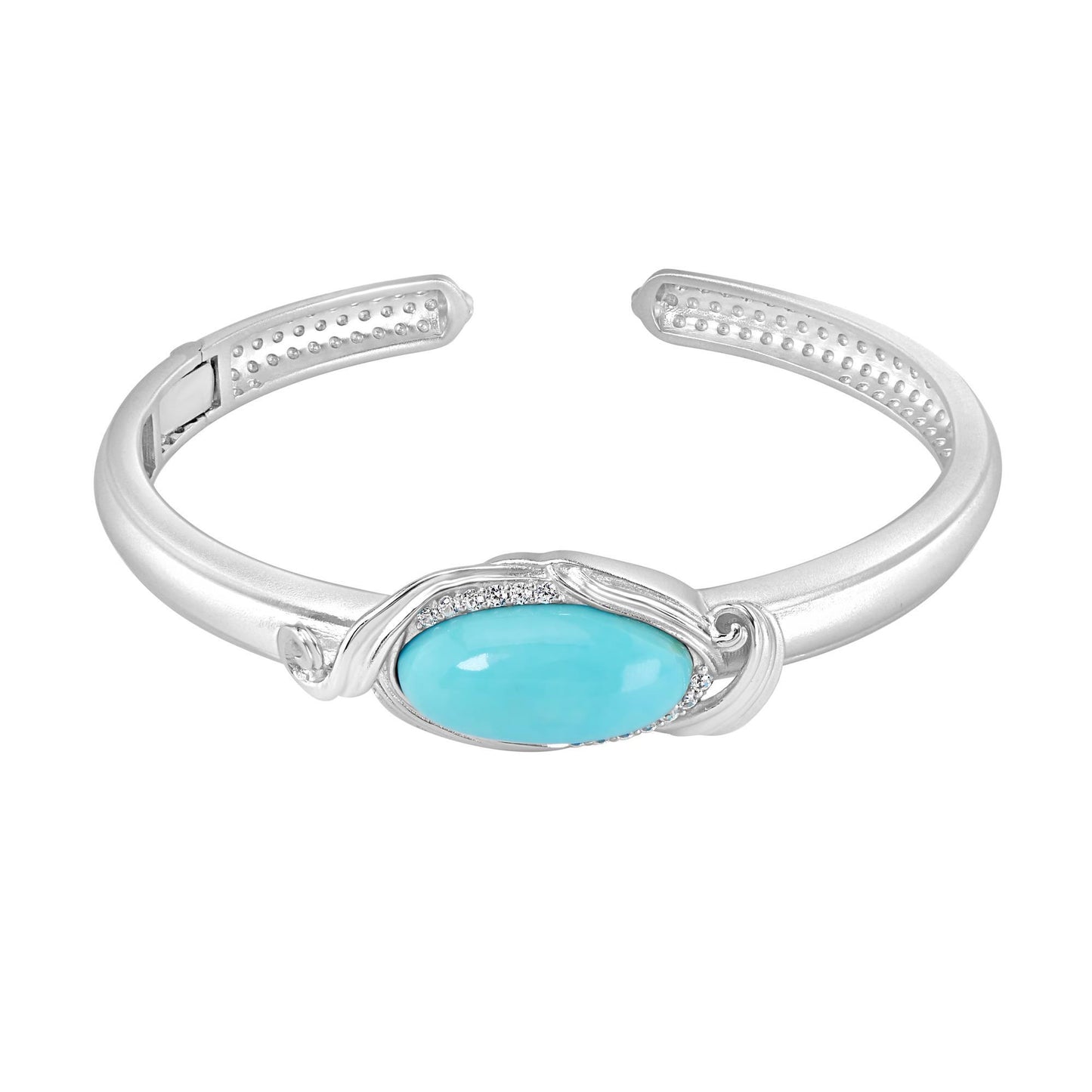 Sterling Silver Natural Oval Kingman Turquoise and White Natural Zircon Gemstone Cuff Bangle