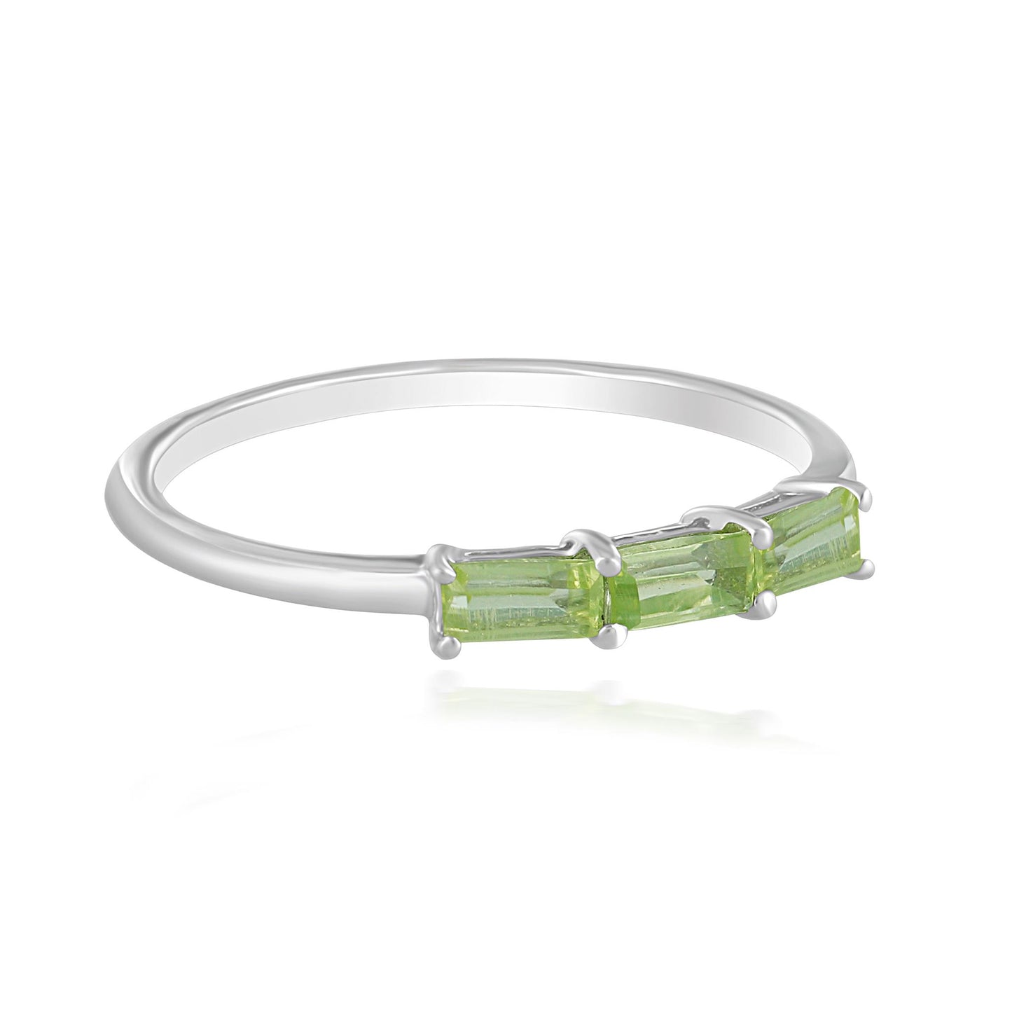 Heidi Sterling Silver Peridot Gemstone Stackable 3-Stone Baguette Ring, Sizes 6 to 8