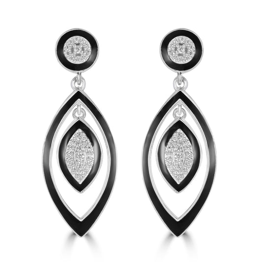Judy Crowell Jewelry Sterling Silver Black Enamel Marquis Cubic Zirconia Drop Earrings
