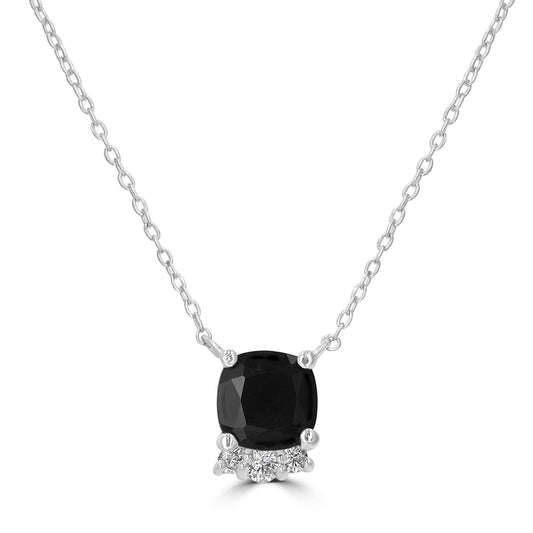 Sterling Silver Black Onyx and Cubic Zirconia Cushion Cut Pendant Necklace, 18 Inches