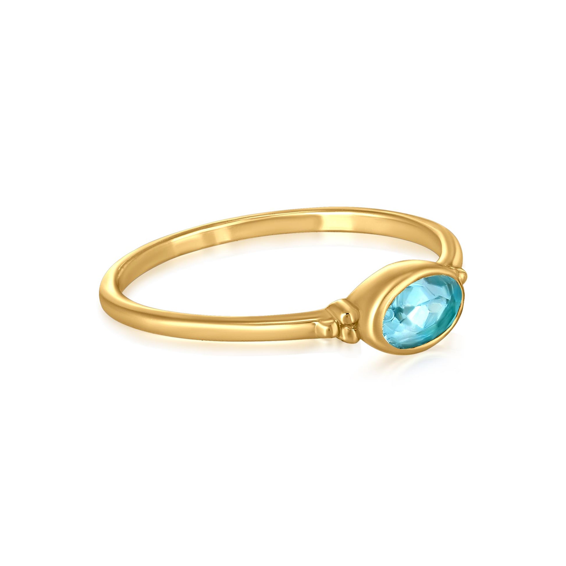 East-West 14k Gold over Sterling Silver Swiss Blue Topaz Gemstone Stackable Solitaire Bezel Ring