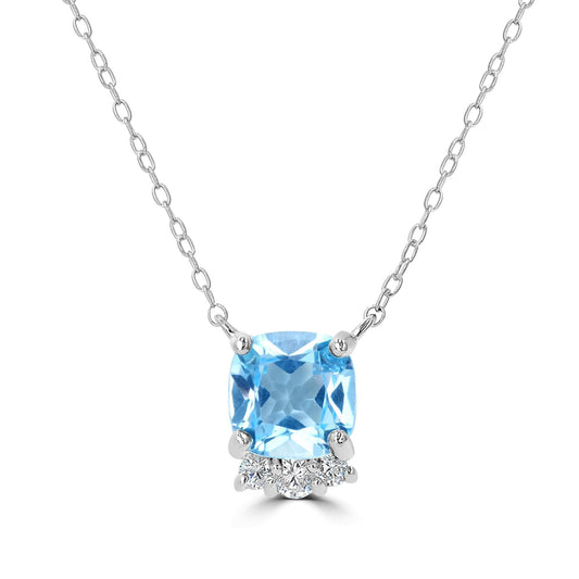 Sterling Silver Genuine Blue Topaz and Cubic Zirconia Cushion Cut Pendant Necklace, 18 Inches