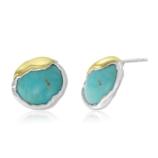 Sterling Silver Button Shape Turquoise Gemstone Stud Earrings