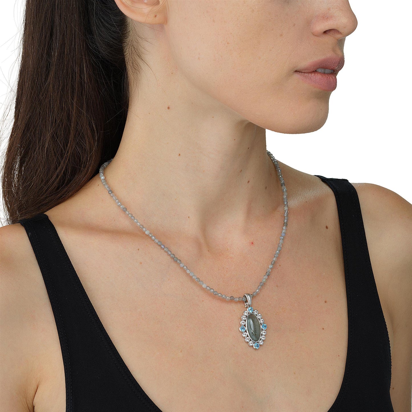 GG Collection  Sterling Silver Labradorite, White Topaz and Swiss Blue Topaz Beaded Pendant Necklace, 18 Inches