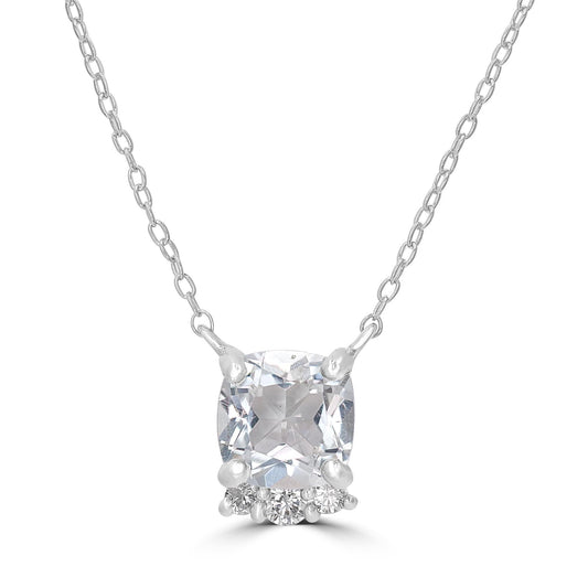 Sterling Silver Genuine White Topaz and Cubic Zirconia Cushion Cut Pendant Necklace, 18 Inches