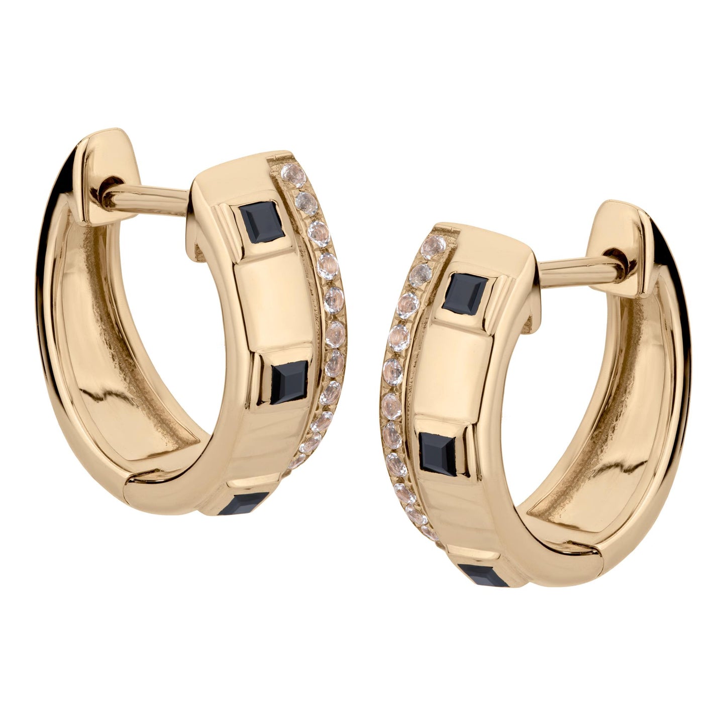 14K Gold .31 Carat Black Onyx and White Topaz Huggie Hoop Earrings