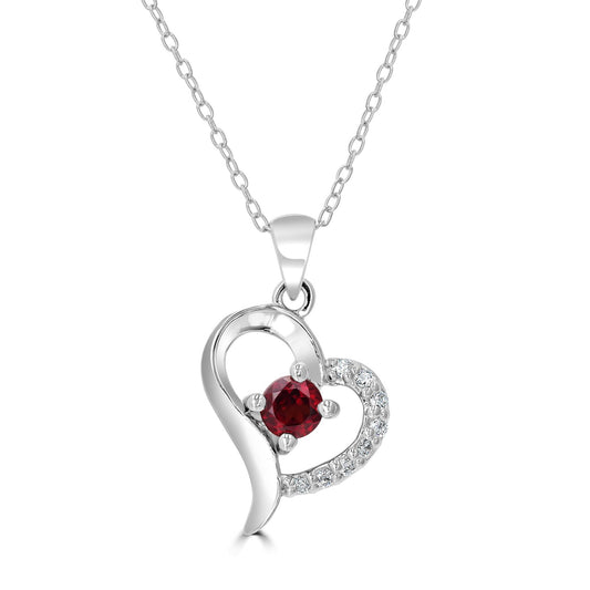 Sterling Silver Garnet and Cubic Zirconia Heart Design Cable Pendant Necklace, 18 Inches
