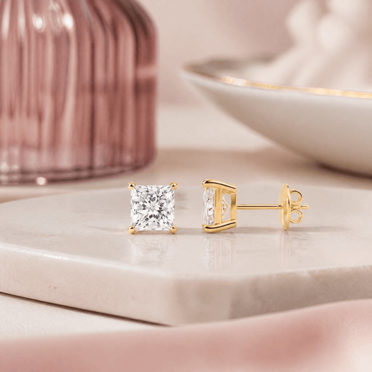 14K Gold 1.0 CTTW Lab Grown Diamond Princess Cut Stud Earrings