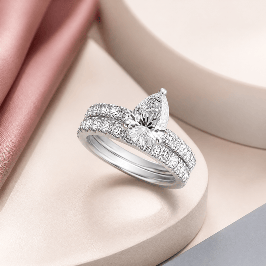 14K White Gold Lab Grown Diamond 2.0 CTTW Pear Cut Center Stone Wedding Set, Sizes 5 to 10