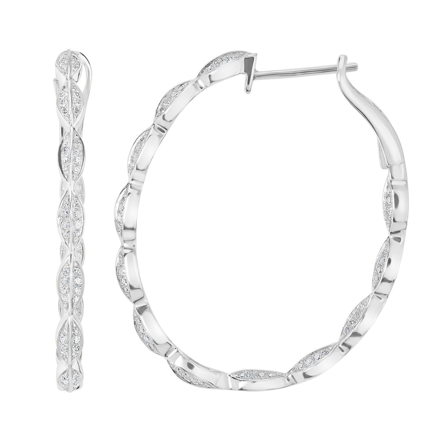 Gemistry Womens or Girls 14K White Gold, Round White Diamond Hoop Earring. April Birthstone Month, Gift For Her.