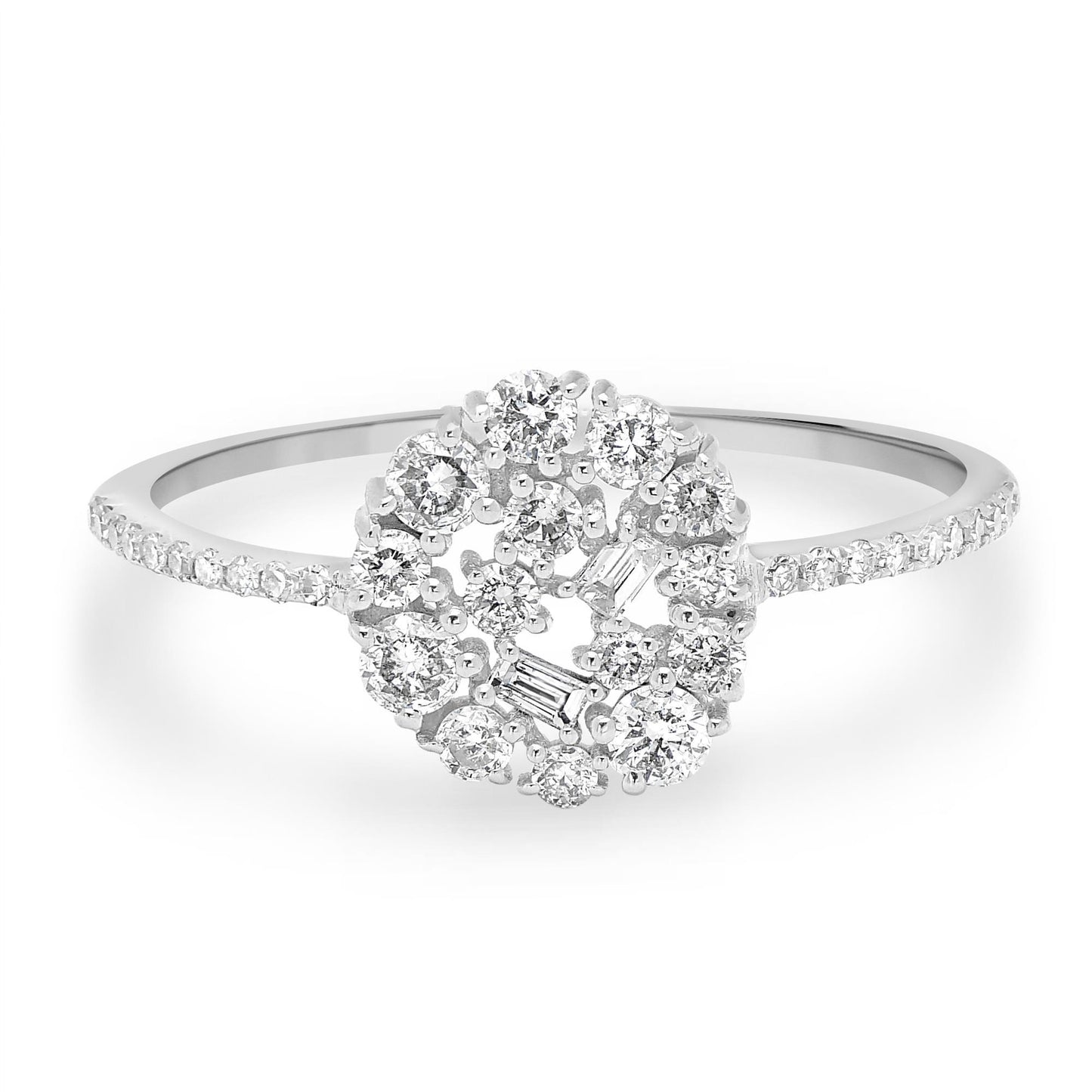 14K White Gold Round and Baguette Diamond Cluster Ring, .4 Carats, Sizes 6 to 8