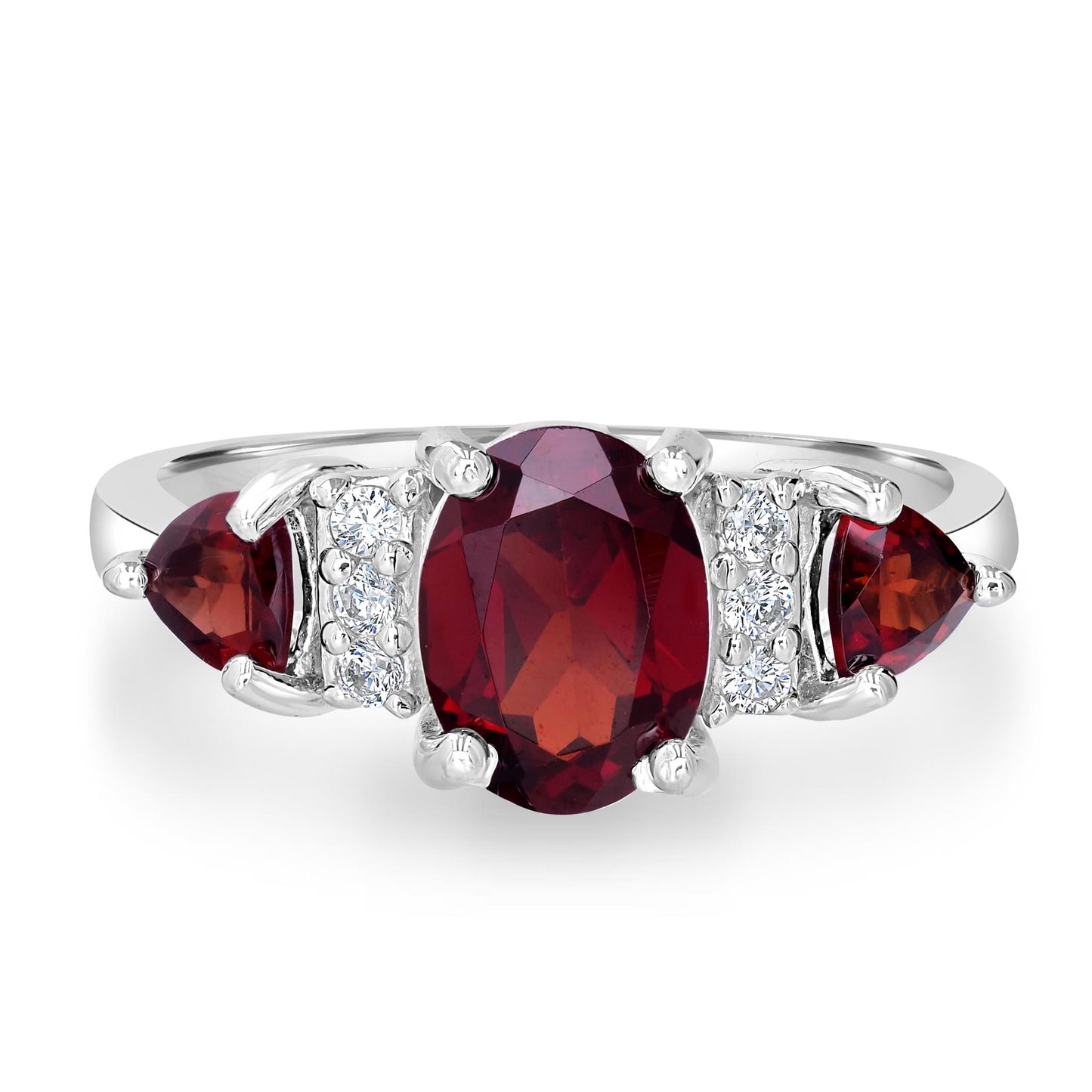 Sterling Silver Garnet and Cubic Zirconia 3-Stone Ring, Sizes 7 to 9