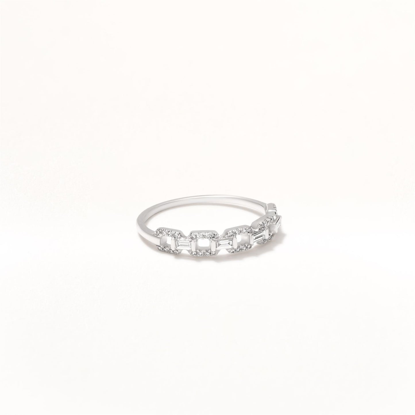 14K White Gold Round and Baguette-Cut Diamond Link Ring, .19 Carats, Sizes 6 to 8