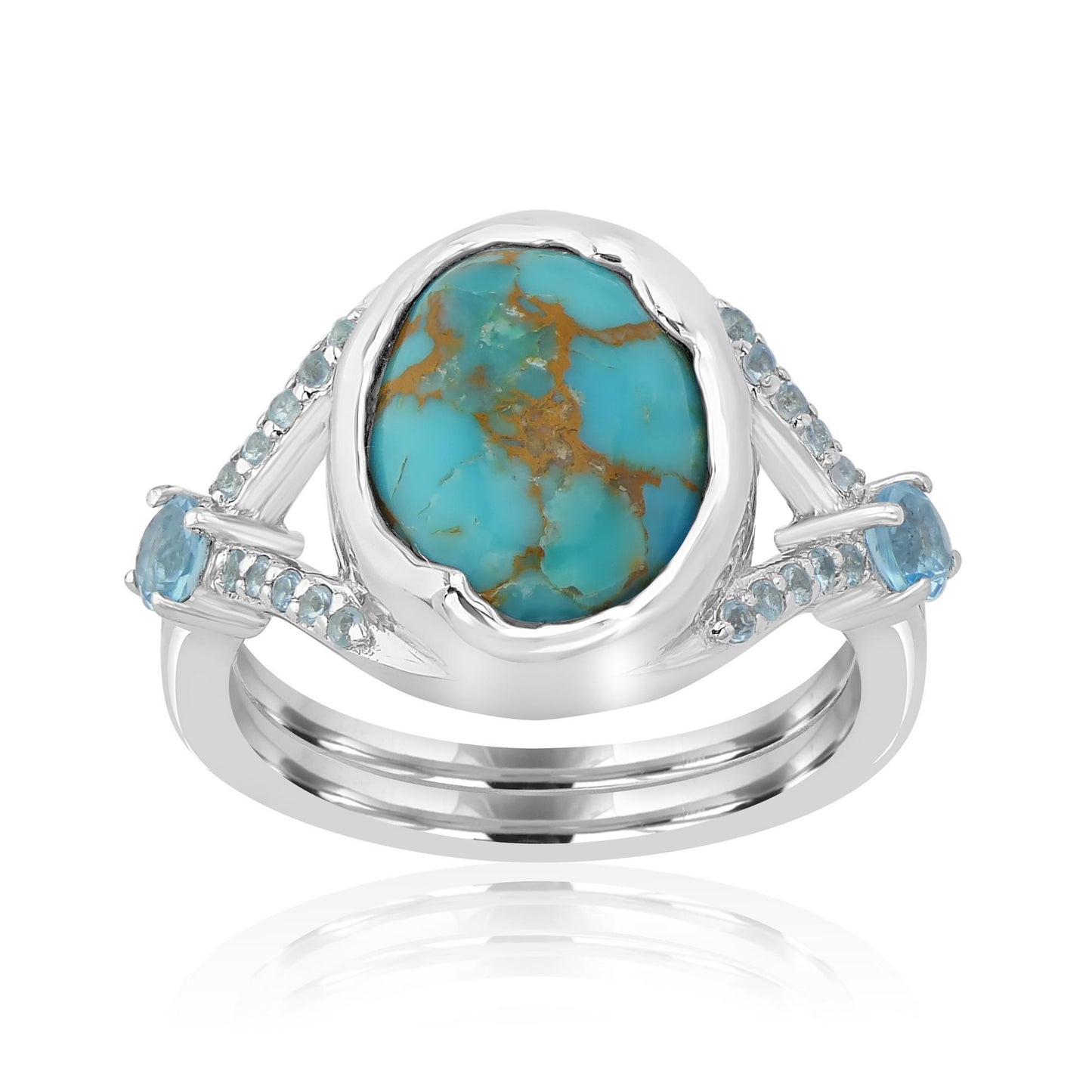 Women Sterling Silver Oval Turquoise and Blue Topaz Gemstone Split Shank Ring | Birthstone Jewelry Gift for Her Birthday | Wedding | Anniversary (Ring Size 6)