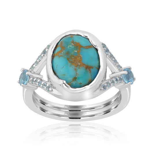 Women Sterling Silver Oval Turquoise and Blue Topaz Gemstone Split Shank Ring | Birthstone Jewelry Gift for Her Birthday | Wedding | Anniversary (Ring Size 6)