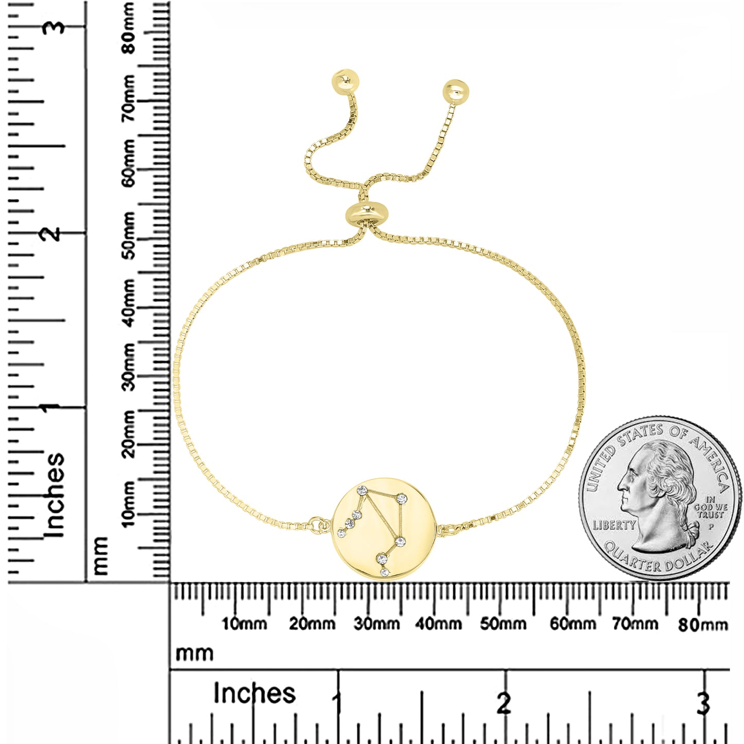 Sterling Silver or Gold Over Sterling Silver Libra Zodiac Crystal Bracelet with Adjustable Chain 5 to 9 Inches