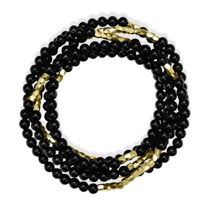 14K Gold Over Brass Black Onyx Beaded Wrap Bracelet or Necklace, 35 Inches