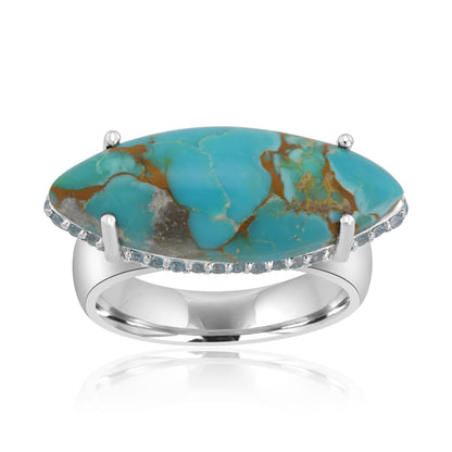 Sterling Silver Sonoran Turquoise and Swiss Blue Topaz Marquise Halo Ring, Sizes 5 to 10