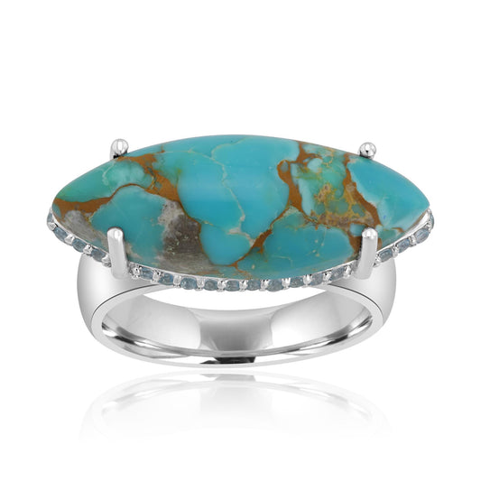 Sterling Silver Sonoran Turquoise and Swiss Blue Topaz Marquise Halo Ring, Sizes 5 to 10