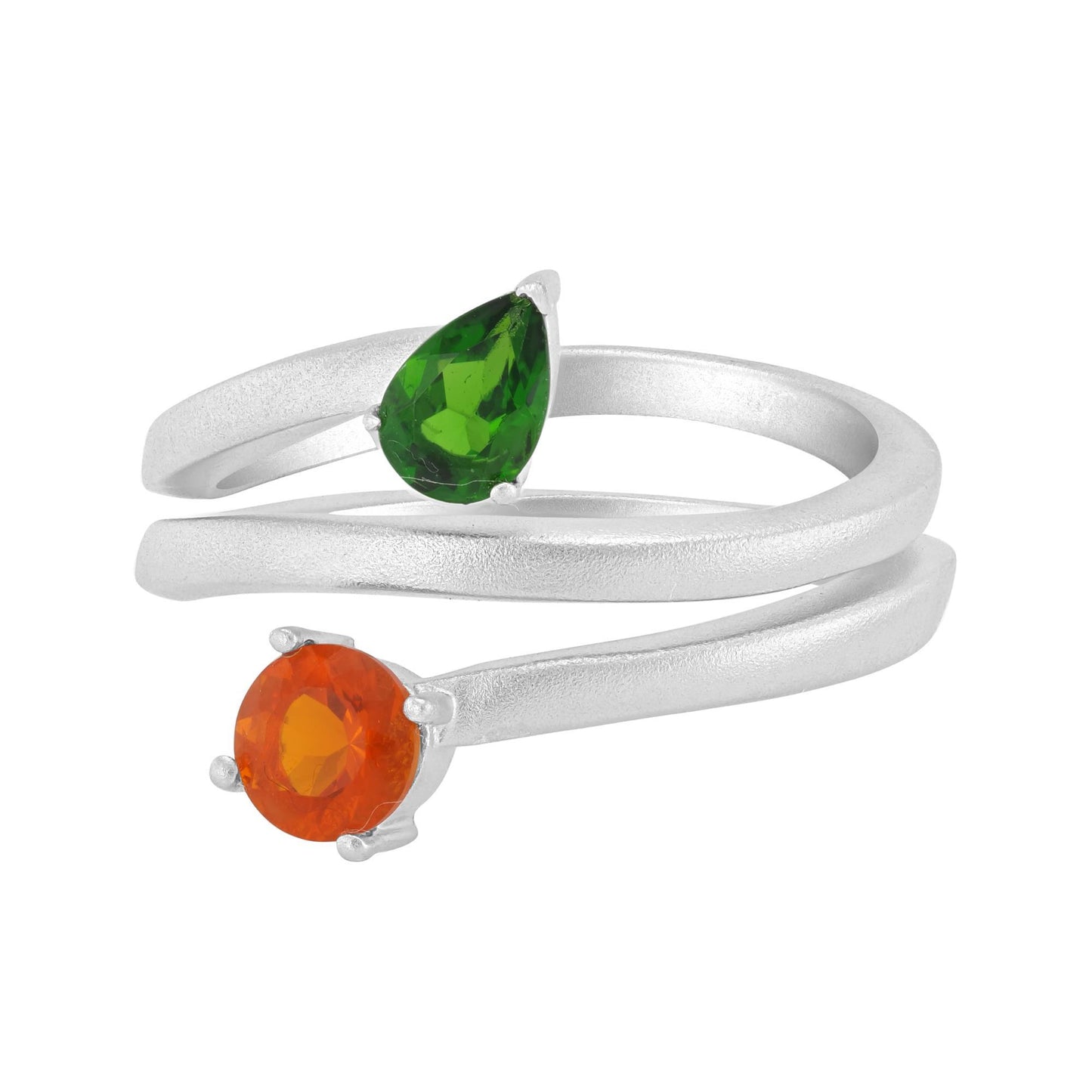 Sterling Silver Diopside Fire Opal Bypass Ring, Sizes 5 to10