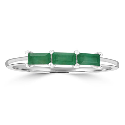 Heidi Sterling Silver Emerald Gemstone Stackable 3-Stone Baguette Ring, Sizes 6 to 8