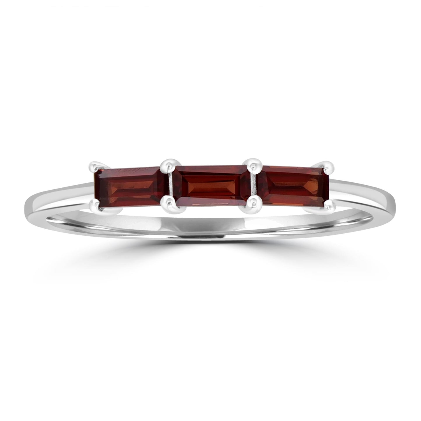 Heidi Sterling Silver Garnet Gemstone Stackable 3-Stone Baguette Ring, Sizes 6 to 8