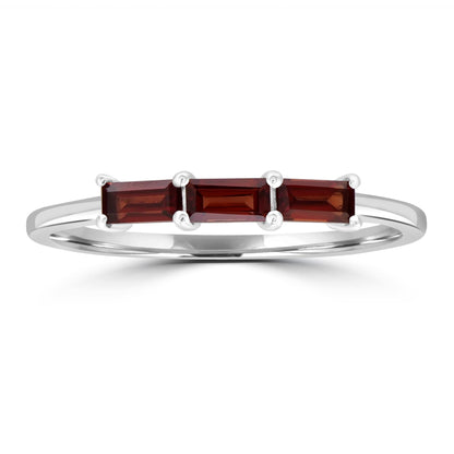 Heidi Sterling Silver Garnet Gemstone Stackable 3-Stone Baguette Ring, Sizes 6 to 8