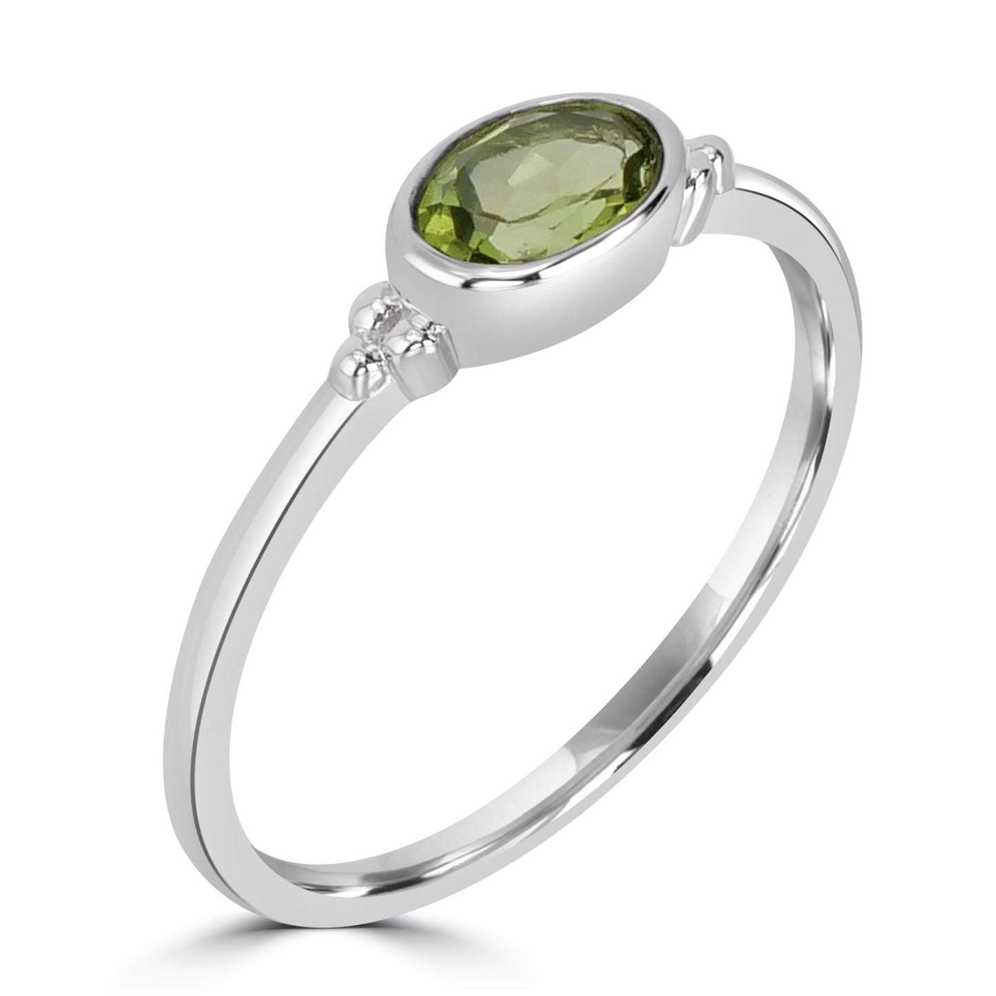 East-West Sterling Silver Peridot Gemstone Stackable Solitaire Bezel Ring, Sizes 6 to 8