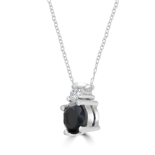 Sterling SIlver Black Onyx and Cubic Zirconia Round Cut Pendant Necklace, 18 Inches