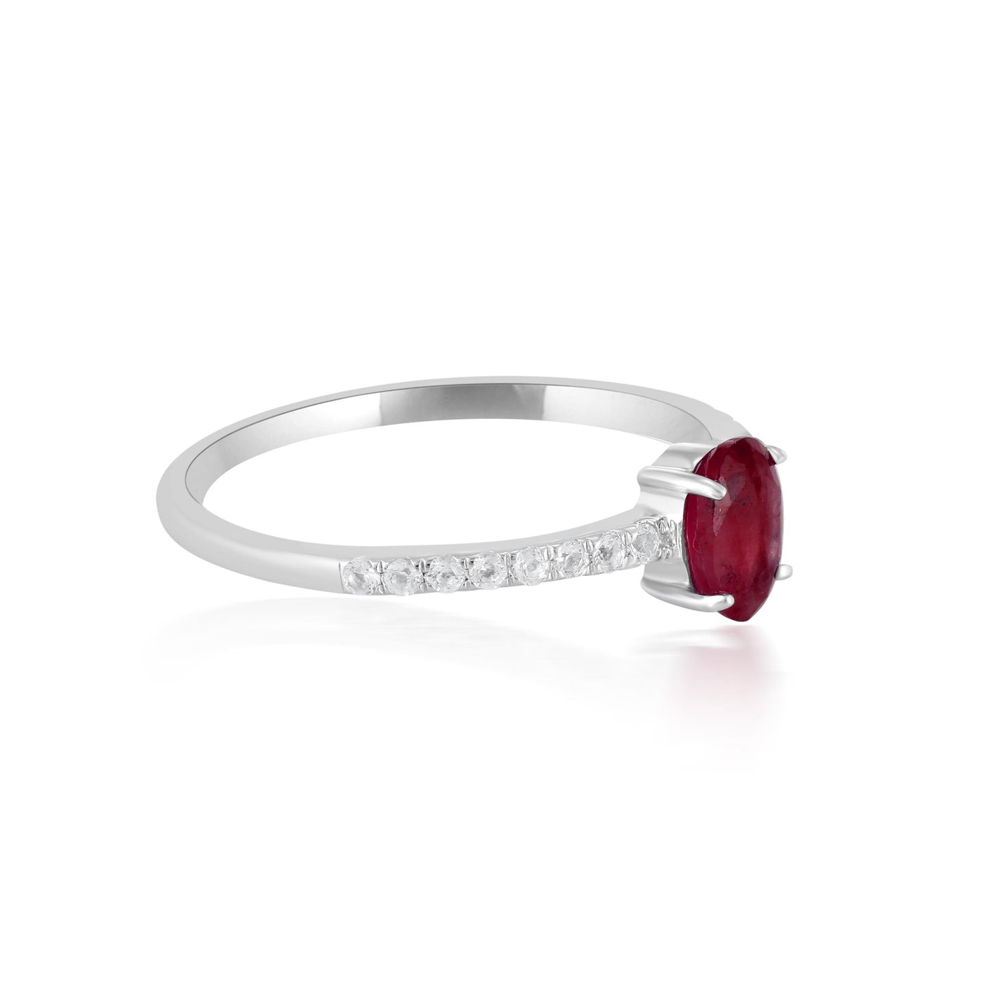 14K White Gold Oval Ruby and White Topaz Band Ring