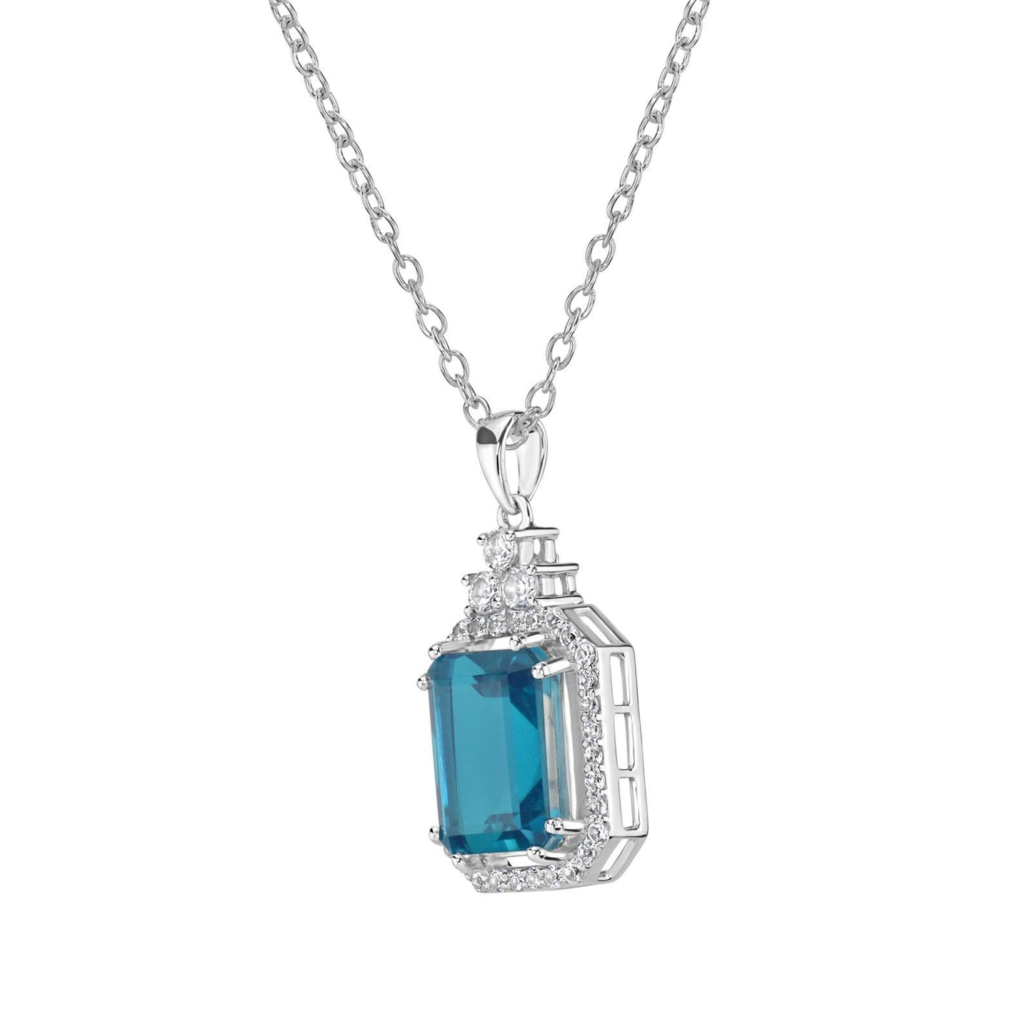 Gemistry Emerald Cut Pariaba Quartz & White Topaz Gemstone Halo Pendant Necklace in 925 Sterling Silver (5.23 Ct) 18" Chain