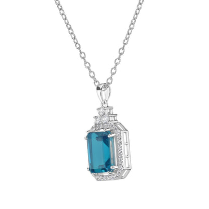 Gemistry Emerald Cut Pariaba Quartz & White Topaz Gemstone Halo Pendant Necklace in 925 Sterling Silver (5.23 Ct) 18" Chain