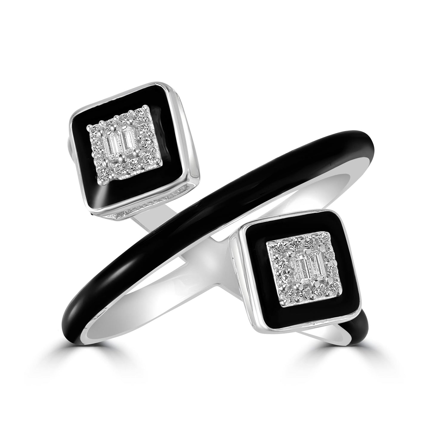 Judy Crowell Jewelry Sterling Silver Black Enamel Cubic Zirconia Cuff Ring, Sizes 6 to 9