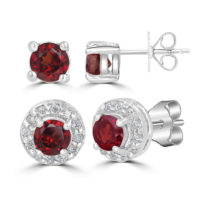 Sterling Silver Garnet and Cubic Zirconia Stud Earring Set