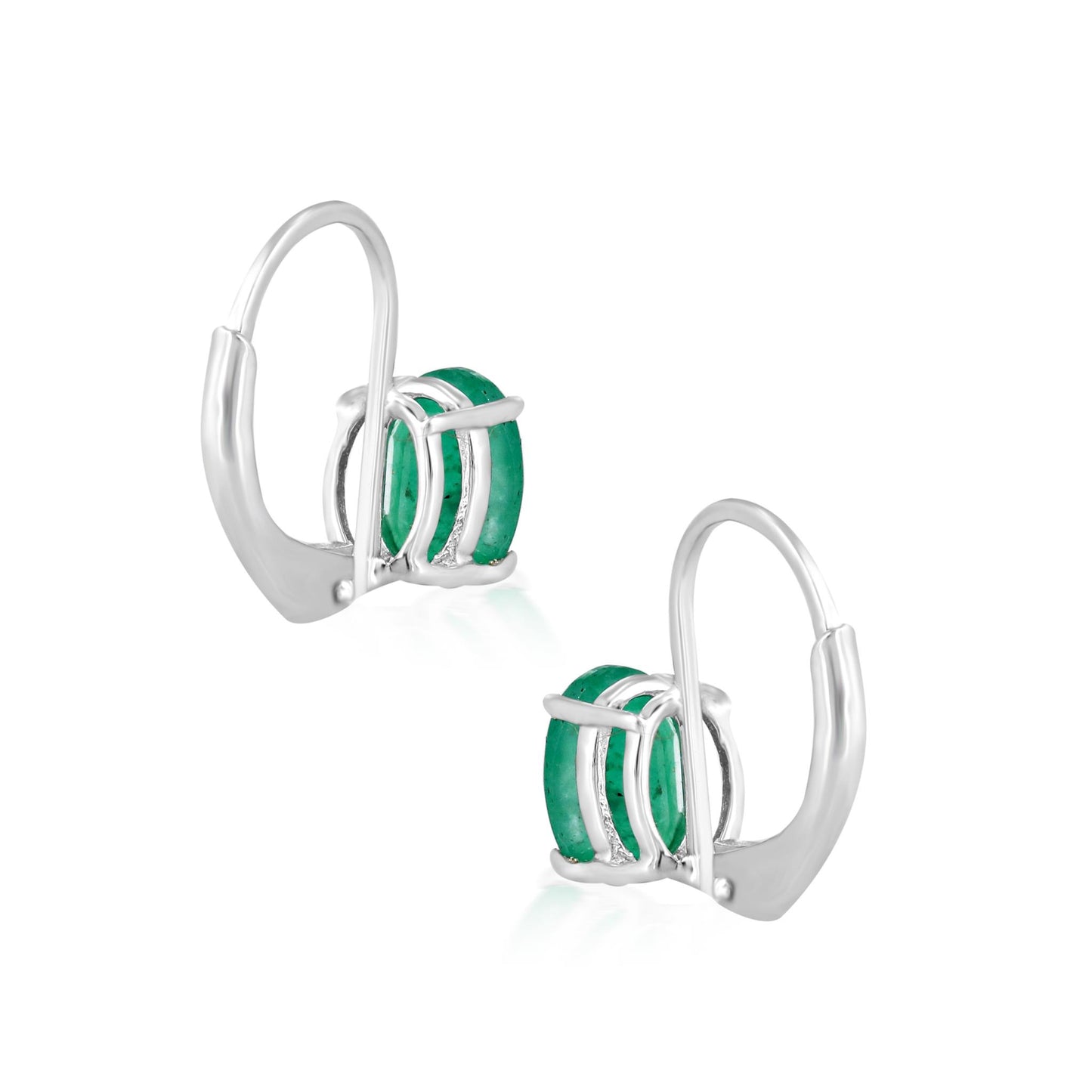 14K White Gold Oval Emerald Lever Back Drop Earrings