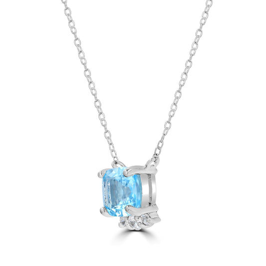 Sterling Silver Genuine Blue Topaz and Cubic Zirconia Cushion Cut Pendant Necklace, 18 Inches