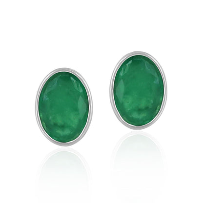 14K White Gold Oval Emerald Gemstone Stud Earrings