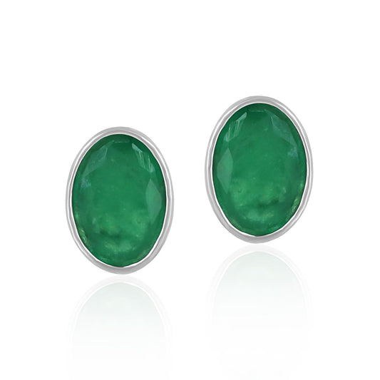 14K White Gold Oval Emerald Gemstone Stud Earrings