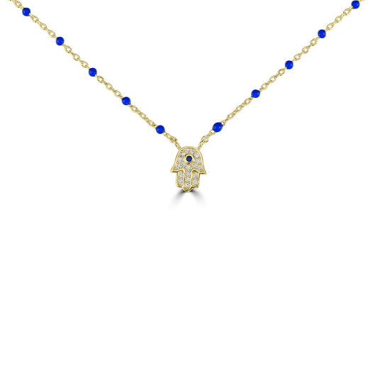 Bob Mackie Jewelry 14K Gold Over Brass Aqua Blue and White Cubic Zirconia Hamsa Hand Pendant Necklace, 16-18 Inches