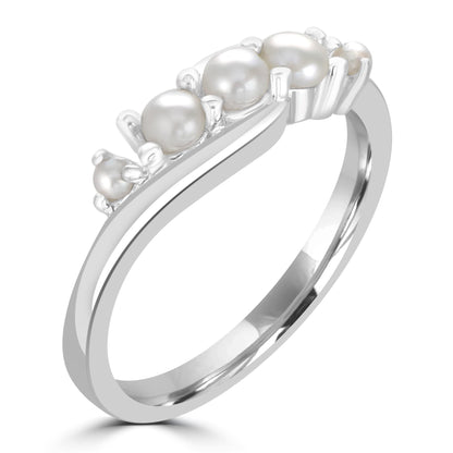 Angela Sterling Silver Pearl 5-Stone Wave Ring, Sizes 6 to 8