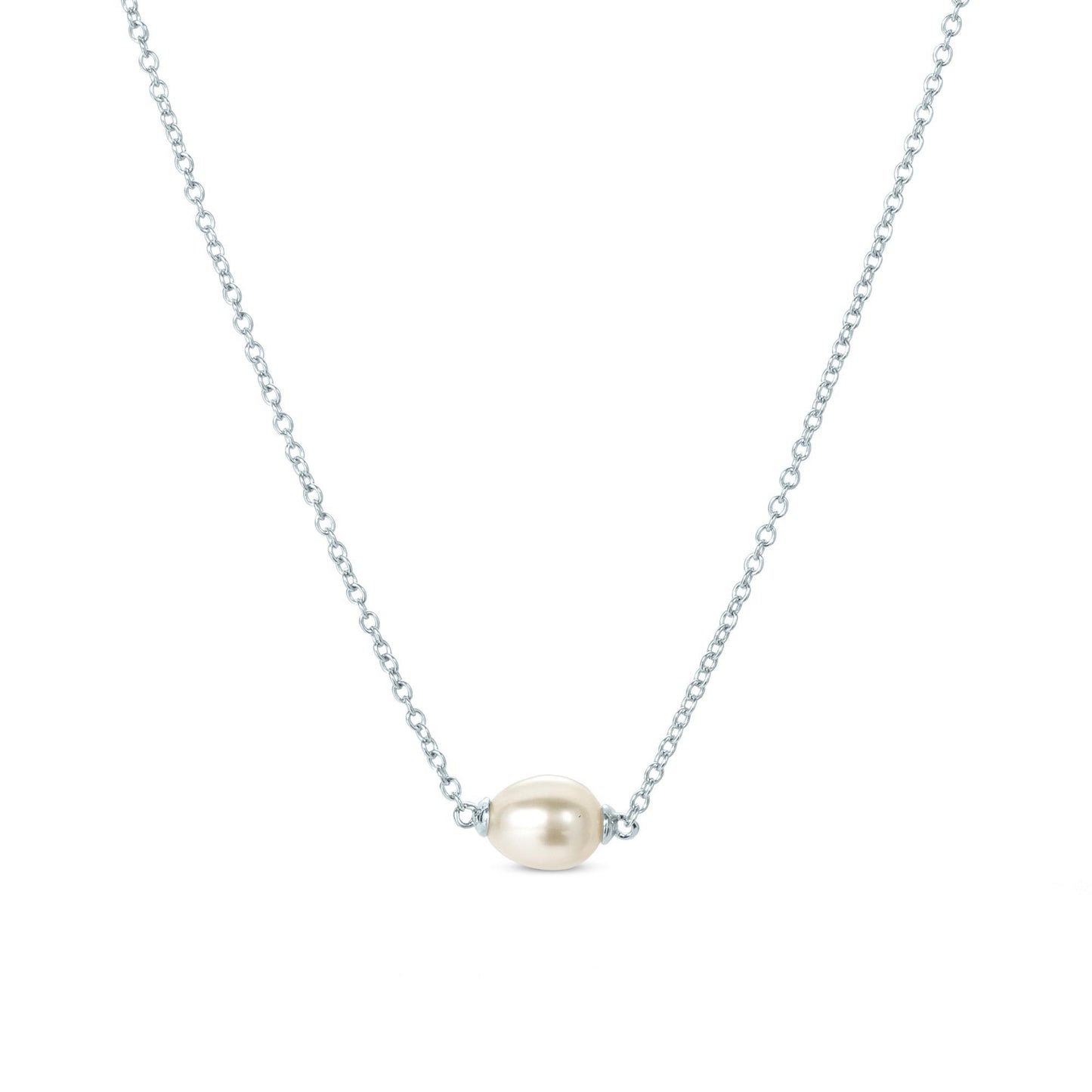 Gemistry White Cultured Freshwater Pearl June Birthstone Solitaire Pendant Necklace in 925 Sterling Silver for Women