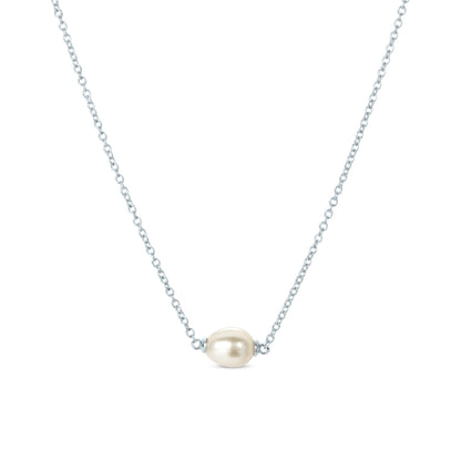 Gemistry White Cultured Freshwater Pearl June Birthstone Solitaire Pendant Necklace in 925 Sterling Silver for Women