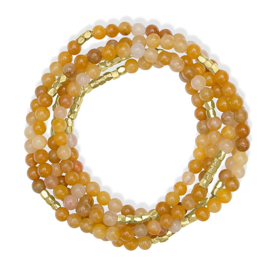 14K Gold Over Brass Honey Jade Gemstone Beaded Wrap Bracelet or Necklace, 35 Inches