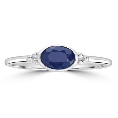 East-West Sterling Silver Blue Sapphire Stackable Solitaire Bezel Ring, Sizes 6 to 8