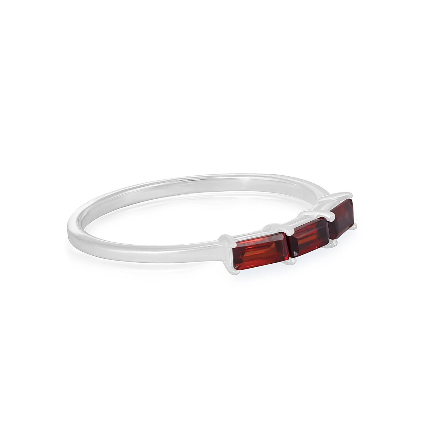 Heidi Sterling Silver Garnet Gemstone Stackable 3-Stone Baguette Ring, Sizes 6 to 8