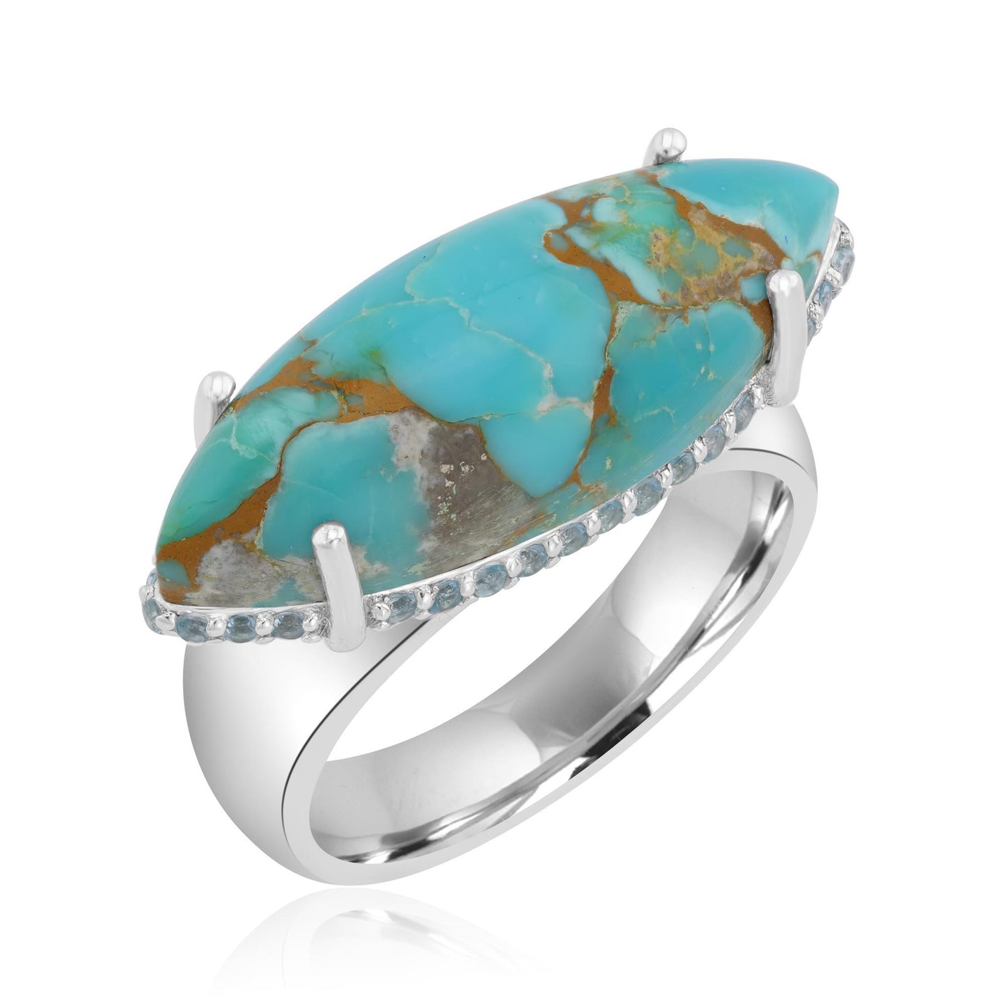 Sterling Silver Sonoran Turquoise and Swiss Blue Topaz Marquise Halo Ring, Sizes 5 to 10